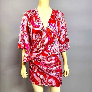 Zara Kimono Silky Style Floral Wrap Dress Gorgeous Red Pink Colors White Lotus